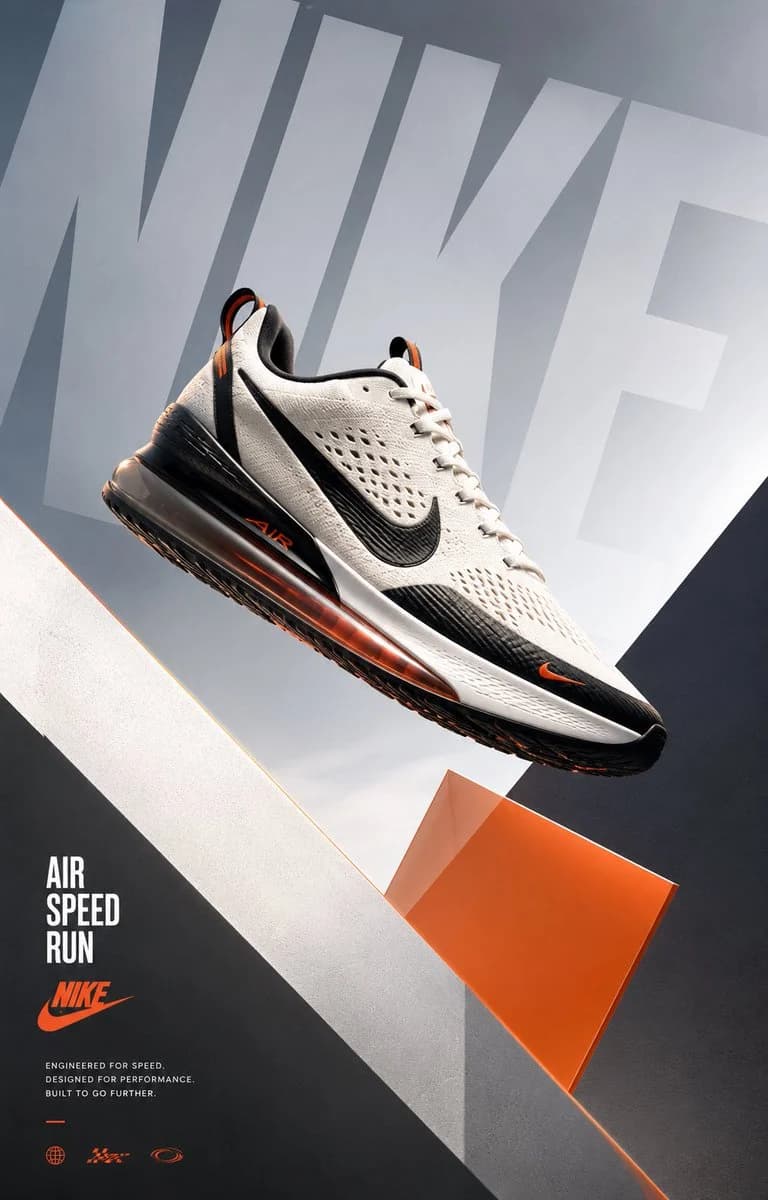 Minimalist premium sneaker campaign poster with architectural geometry and luxury sports-ad styling