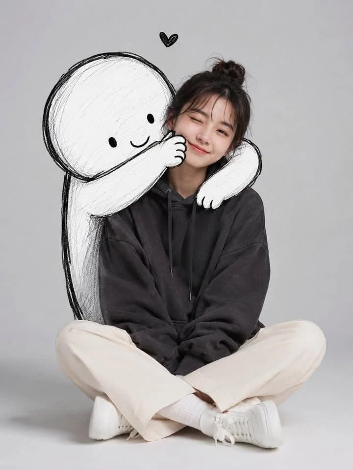 Minimalist fashion portrait with hand-drawn doodle accents on a clean background
