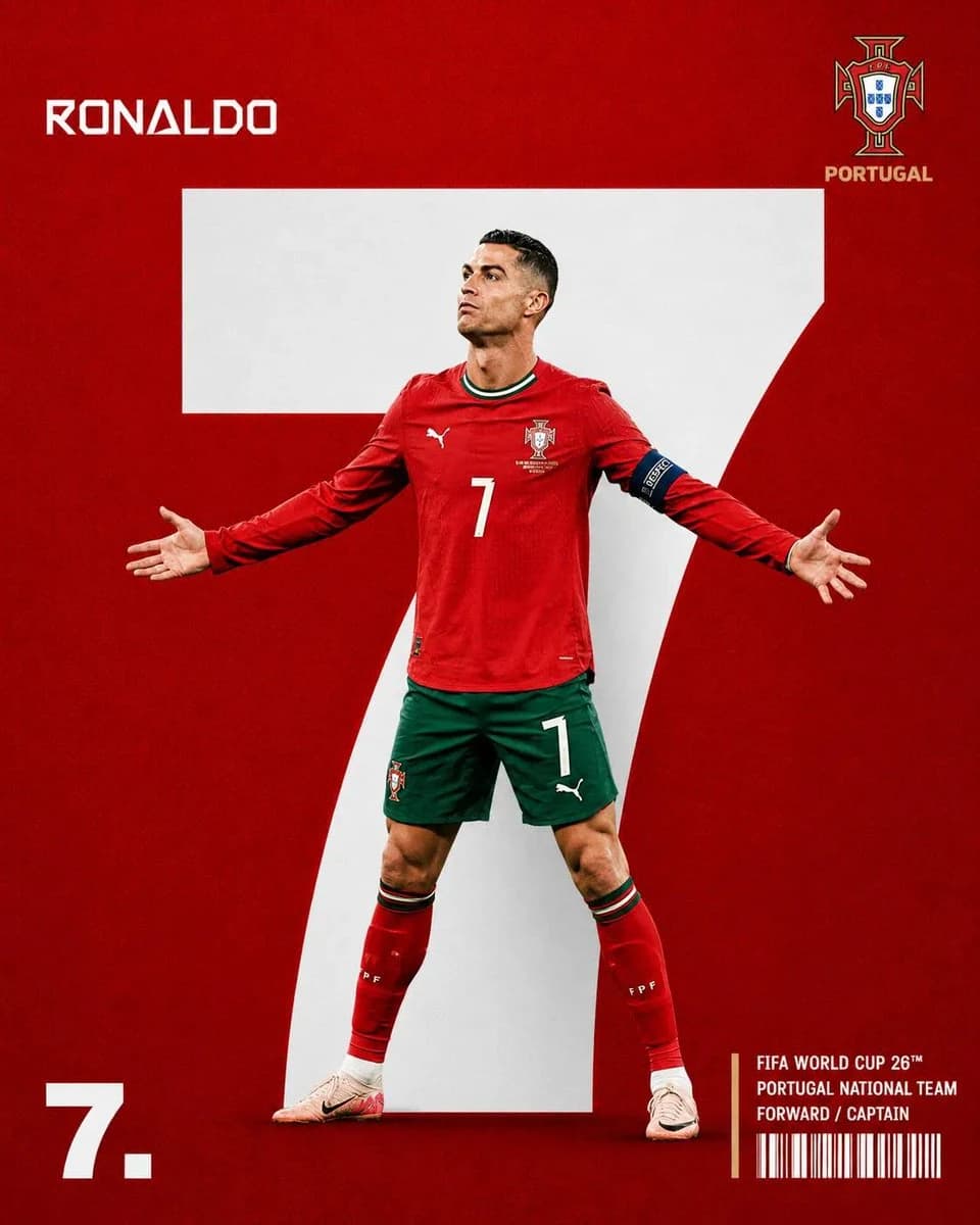 Minimalist football poster with a confident player, huge jersey number, clean national-team colors, and World Cup editorial styling.