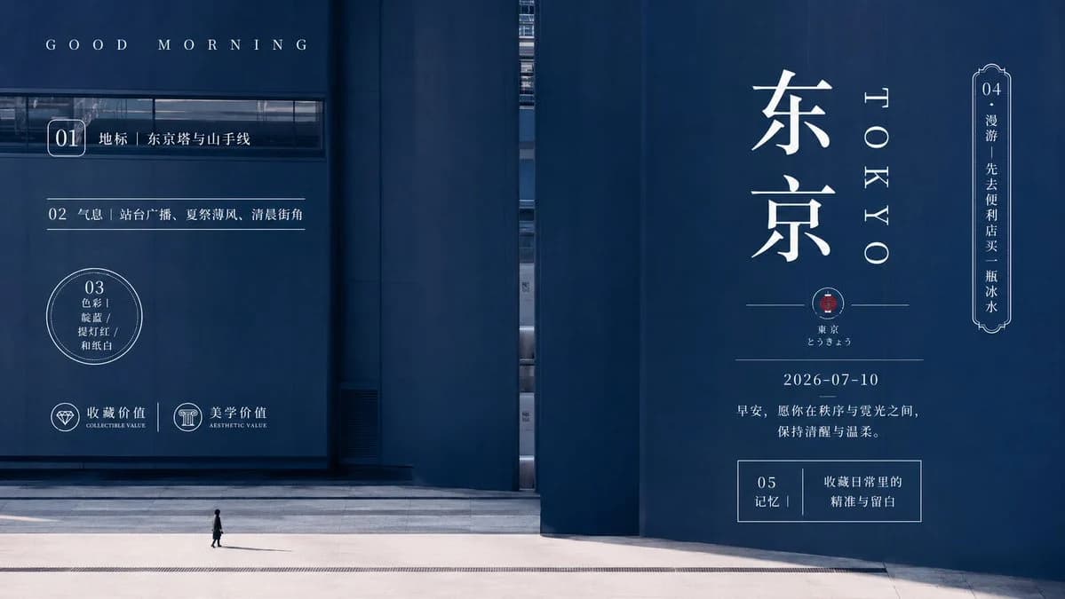 Minimalist Tokyo morning poster with clean architecture and soft early light
