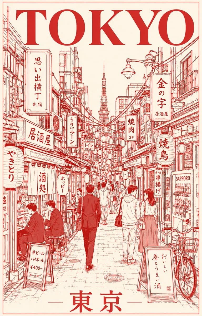 Minimalist Tokyo night travel poster showing a lantern-lit alley, compact storefronts, and atmospheric urban detail.