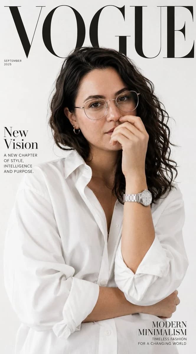 Minimalist fashion editorial cover with refined portrait styling, sparse layout and high-end magazine composition