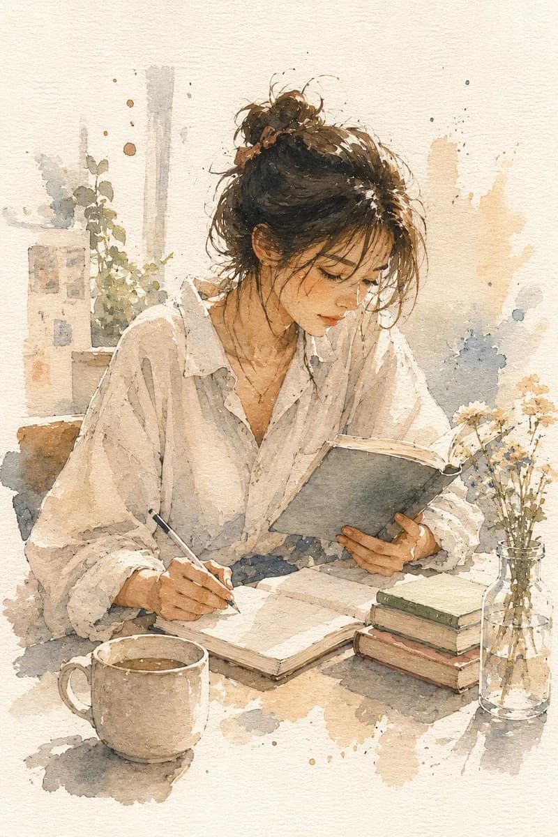 A soft watercolor illustration of a woman reading and journaling in a cozy setting with a Japanese anime aesthetic