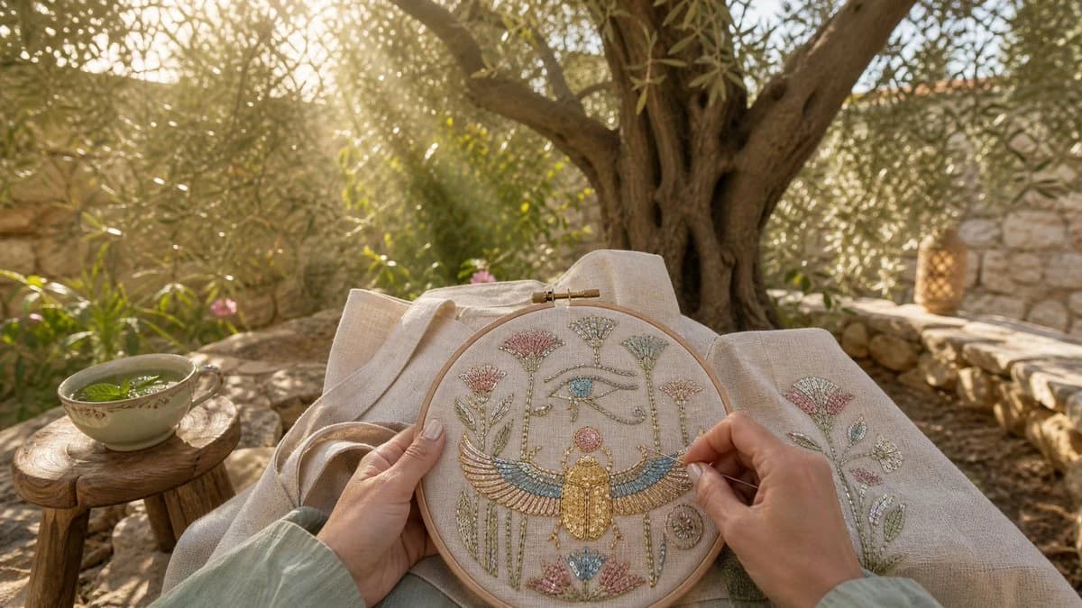 Mint tea portrait with scarab embroidery details, elegant fashion styling, and warm editorial social-media mood