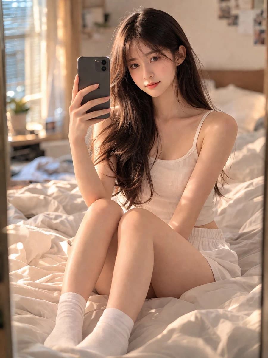 A young woman in casual gray loungewear takes a mirror selfie on a cozy, slightly messy bed, illuminated by warm golden hour light