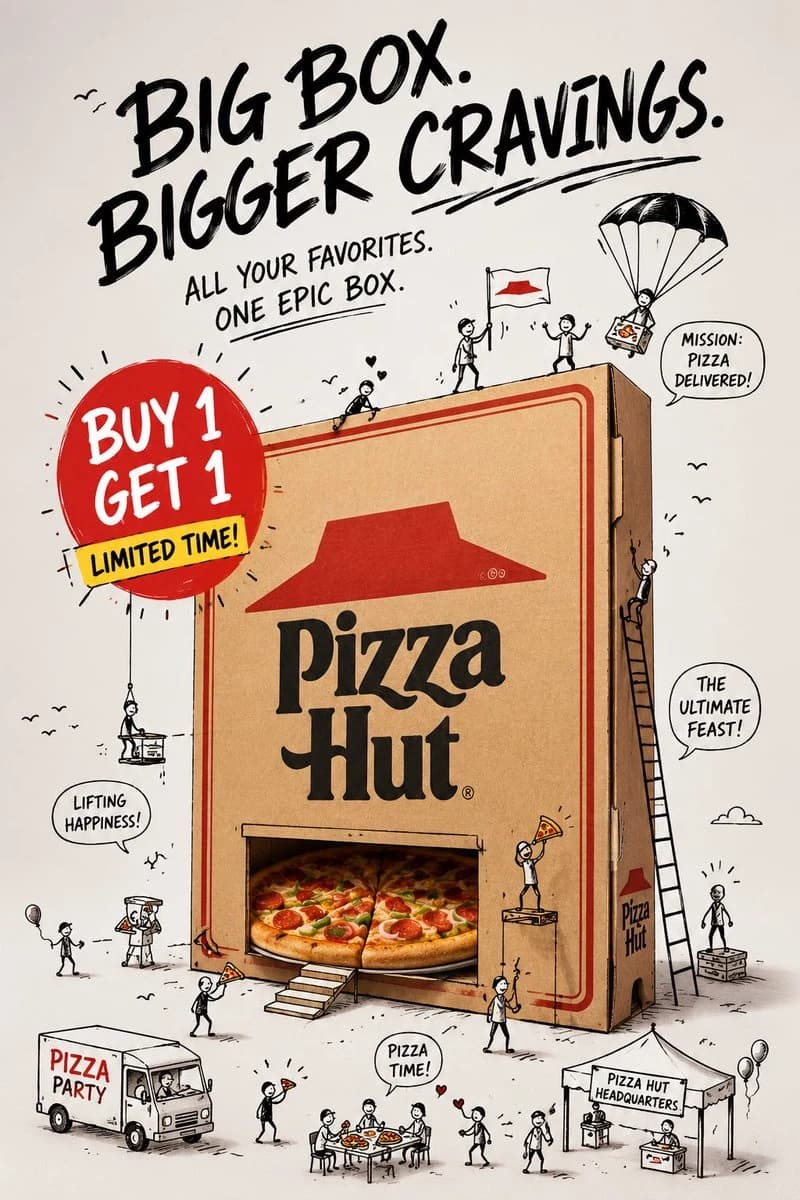 Mixed-media product ad poster with real packaging, marker doodle characters, headline text, and promo badge