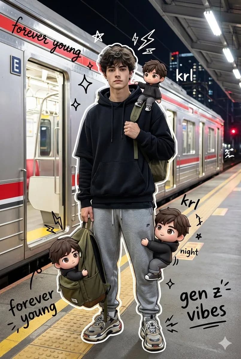 Mixed-media train platform portrait shows a streetwear figure with chibi duplicates and doodles beside a commuter train