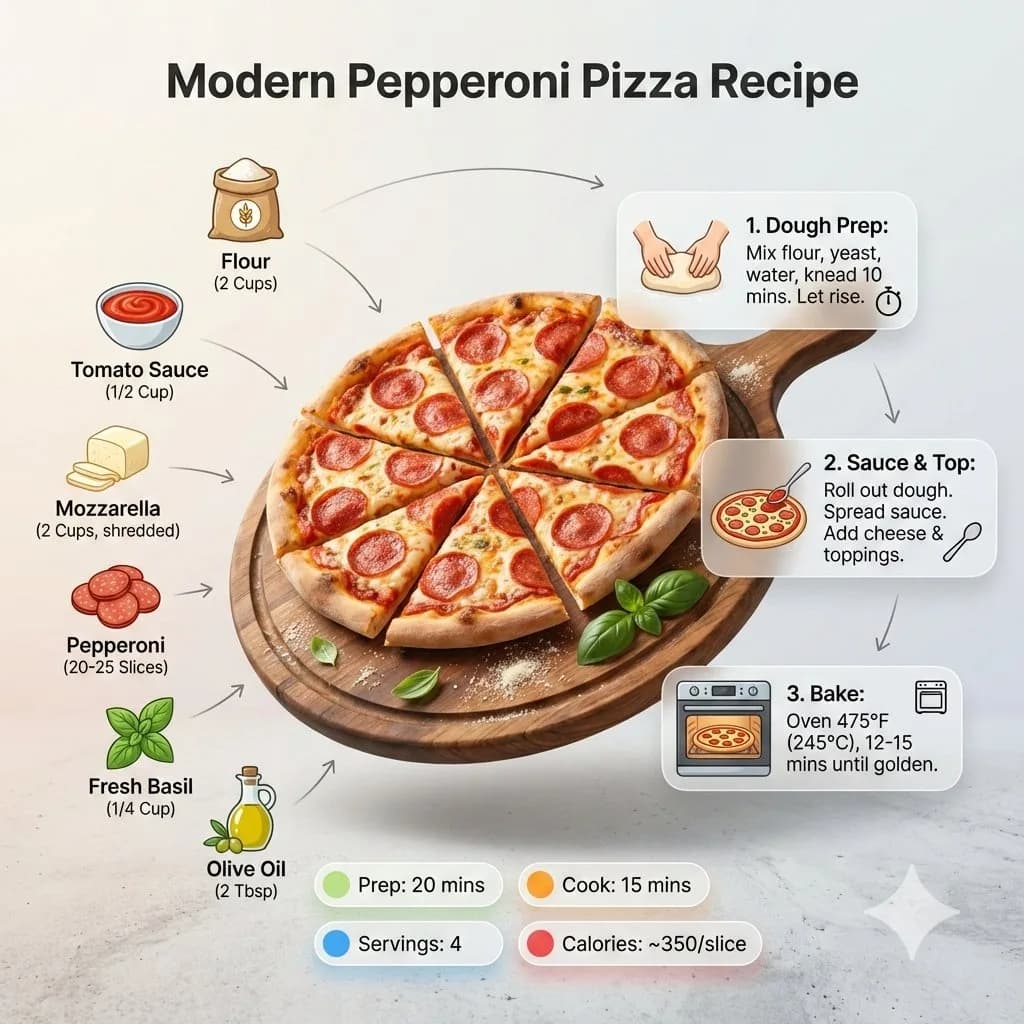Modern pepperoni pizza recipe infographic with a plated pizza surrounded by ingredients and step-by-step labels