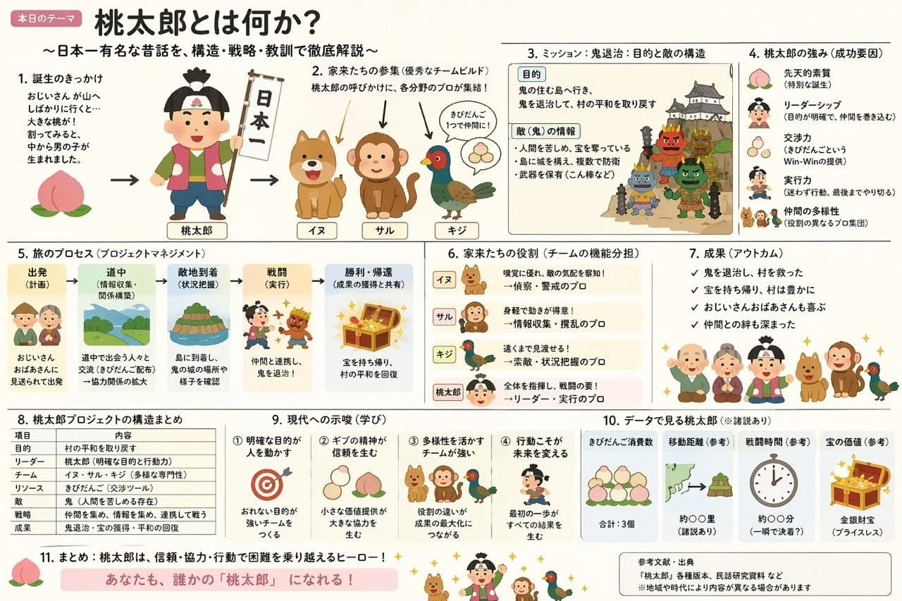 A colorful explainer slide features Momotaro, accompanied by his animal companions, detailing his story and journey in a playful, informative layout