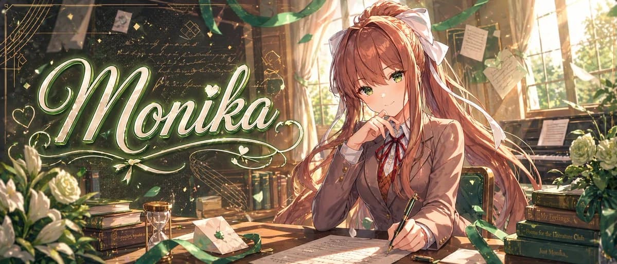 A thoughtful anime schoolgirl with chestnut brown hair and a large white ribbon sits at a desk in a warm, golden classroom, surrounded by books and plants