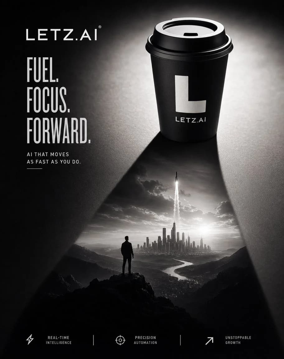 A monochrome AI coffee advertisement poster featuring a takeaway cup and visionary growth metaphor in dramatic black-and-white design