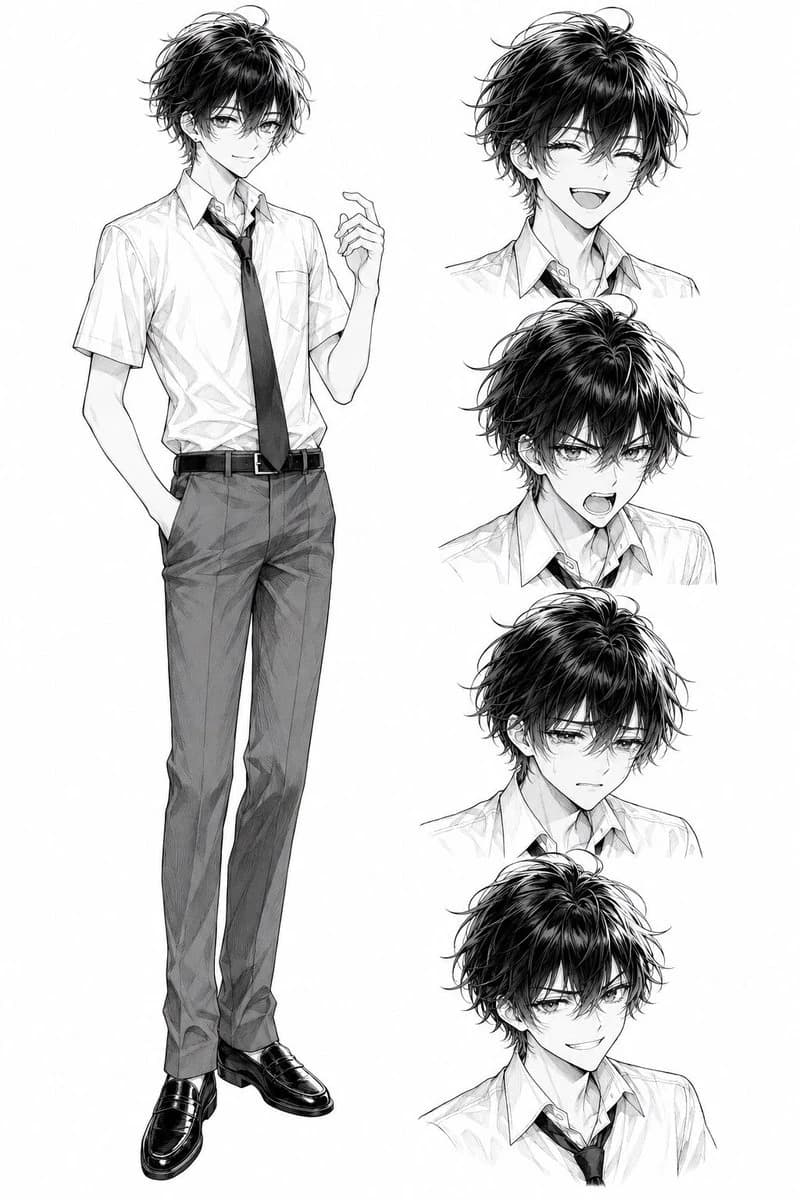 Monochrome Anime Schoolboy Expression Sheet storyboard visual