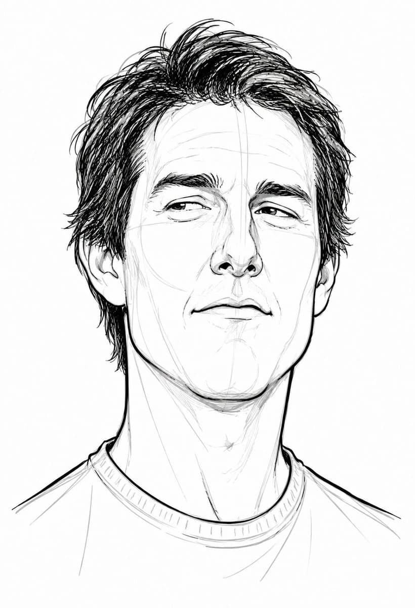 A black-and-white caricature features a handsome man with messy hair and a confident smirk, highlighted by expressive facial proportions and sketchy details