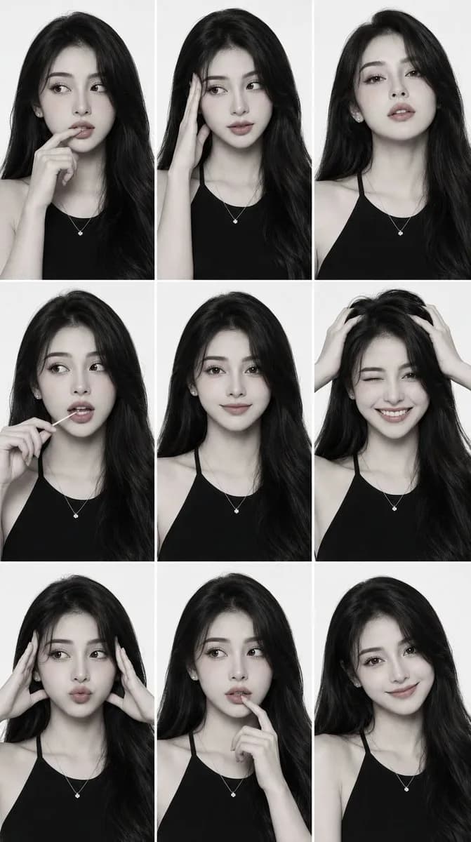 Black-and-white comp card grid shows multiple expressive female portrait crops with clean editorial framing