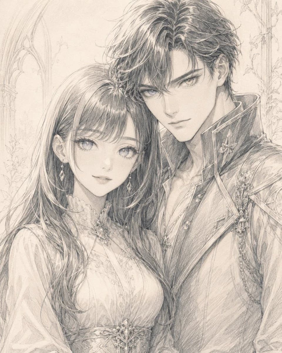 Monochrome pencil illustration of a fantasy noble couple standing close together in ornate clothing