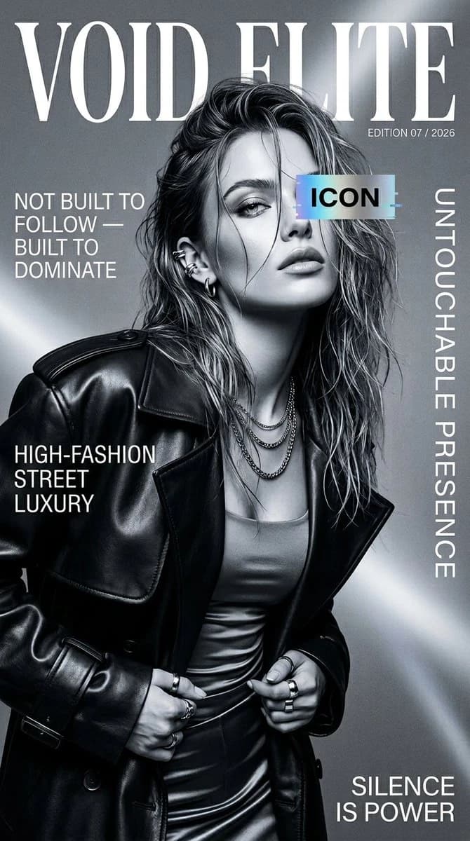 A confident young female model poses in a black leather trench coat on a high-fashion magazine cover, featuring dramatic lighting and bold typography