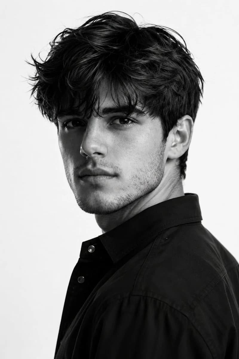 Black-and-white fashion editorial portrait with luxury studio lighting and sharp skin detail
