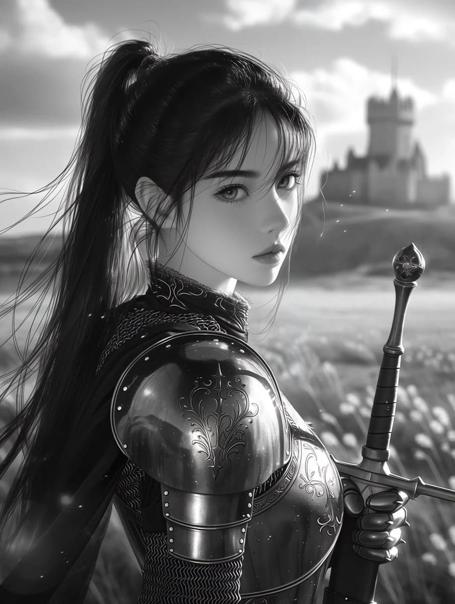 Monochrome Female Knight Portrait with expressive portrait styling, crisp facial detail and profile-ready composition