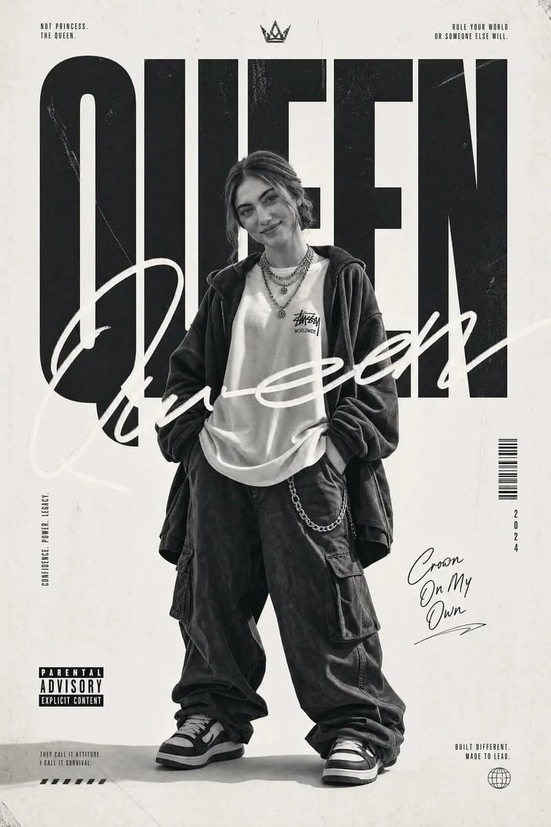 A monochrome streetwear poster shows an oversized urban outfit with bold QUEEN typography and gritty textures