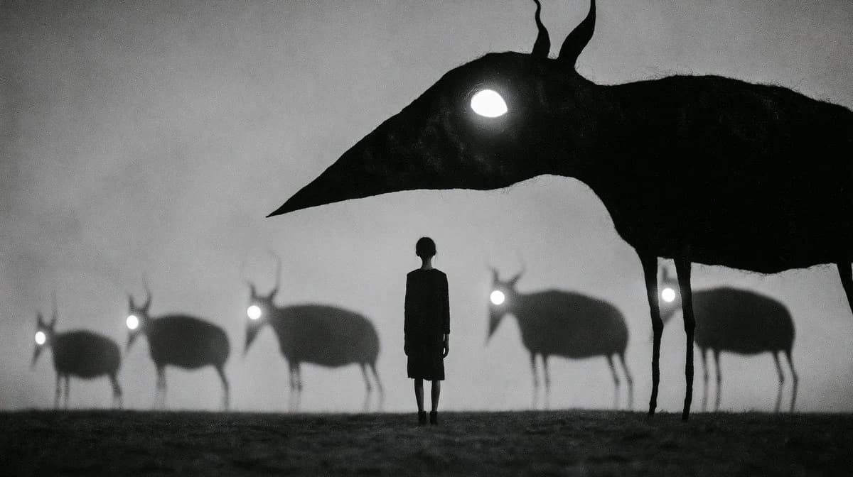 Monochrome Surreal Bird-Beast Encounter storyboard visual