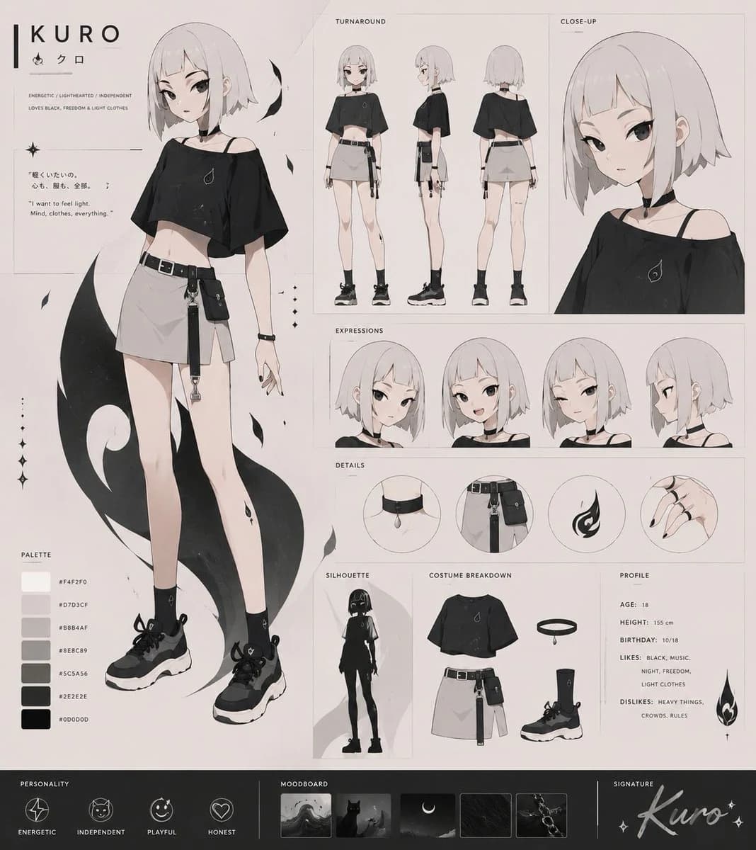 Monochrome VTuber character sheet with multiple poses, expression panels, outfit notes, and clean manga linework