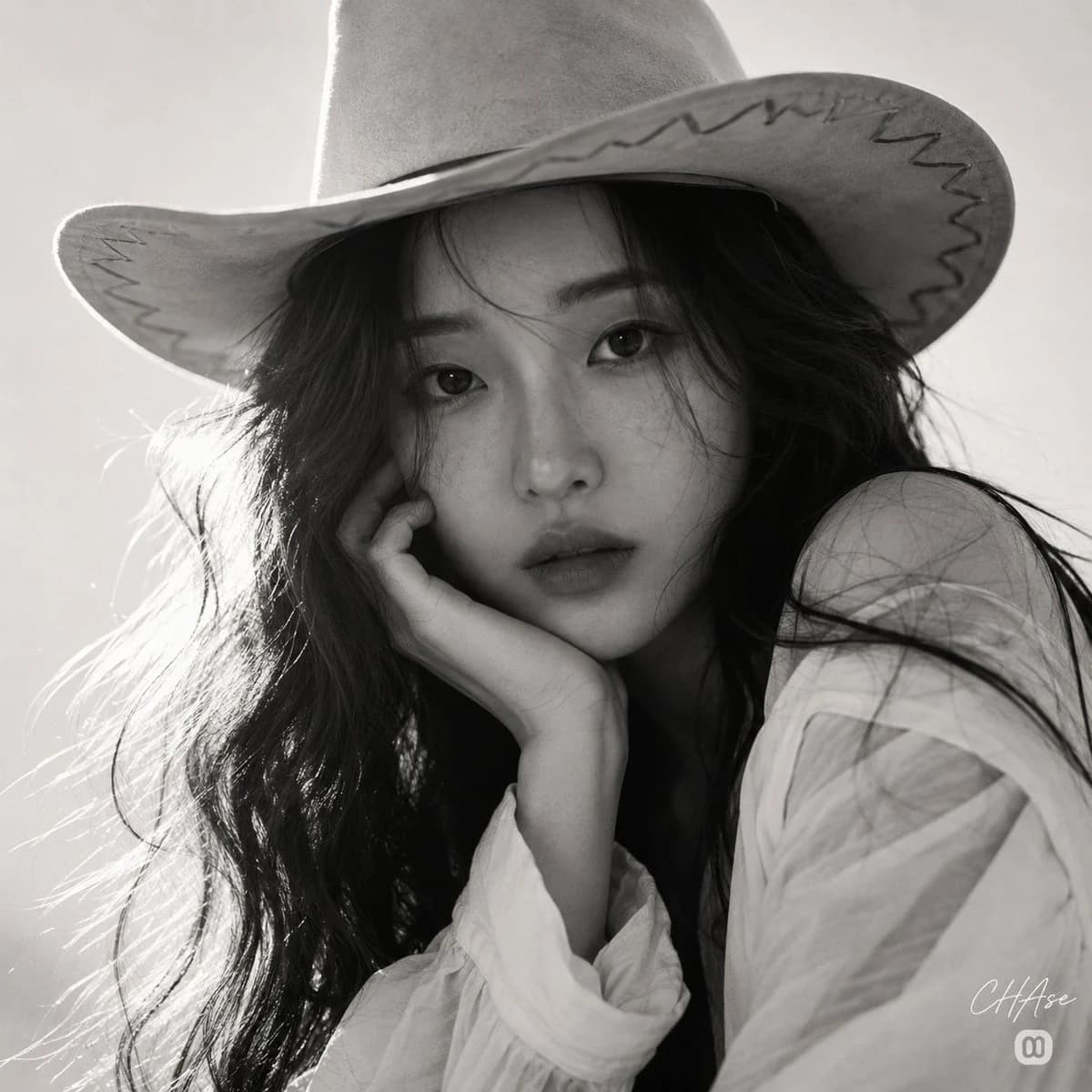 Monochrome western cowgirl portrait with dramatic rim lighting, hat shadow, and cinematic frontier mood