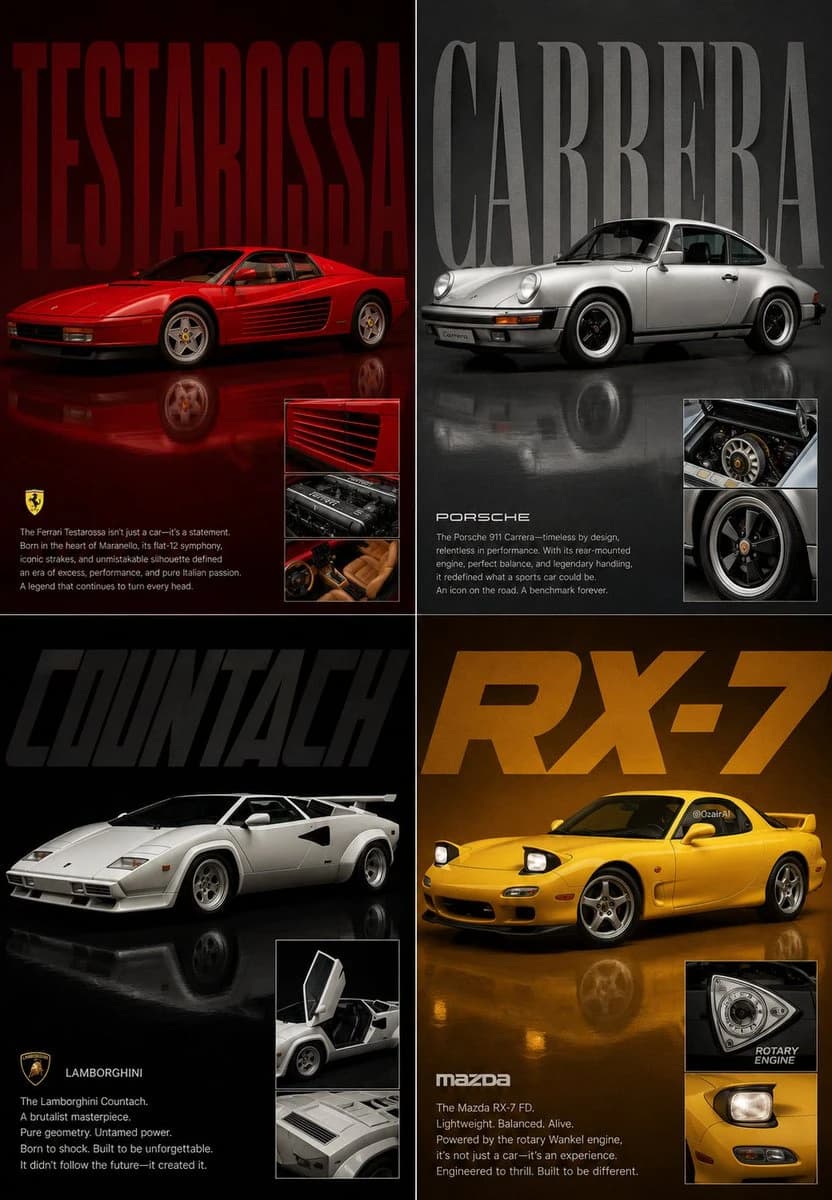Four iconic cars: Ferrari Testarossa, Porsche Carrera, Lamborghini Countach, Mazda RX-7, each with unique designs.