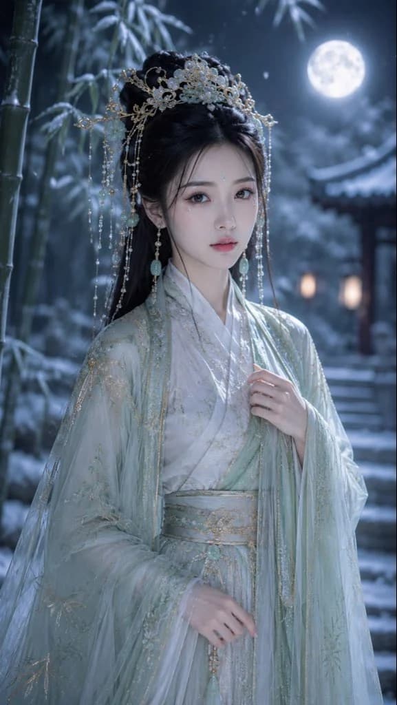 Moonlit ancient-style portrait in a bamboo forest with flowing robes, cinematic mist, and blue night light