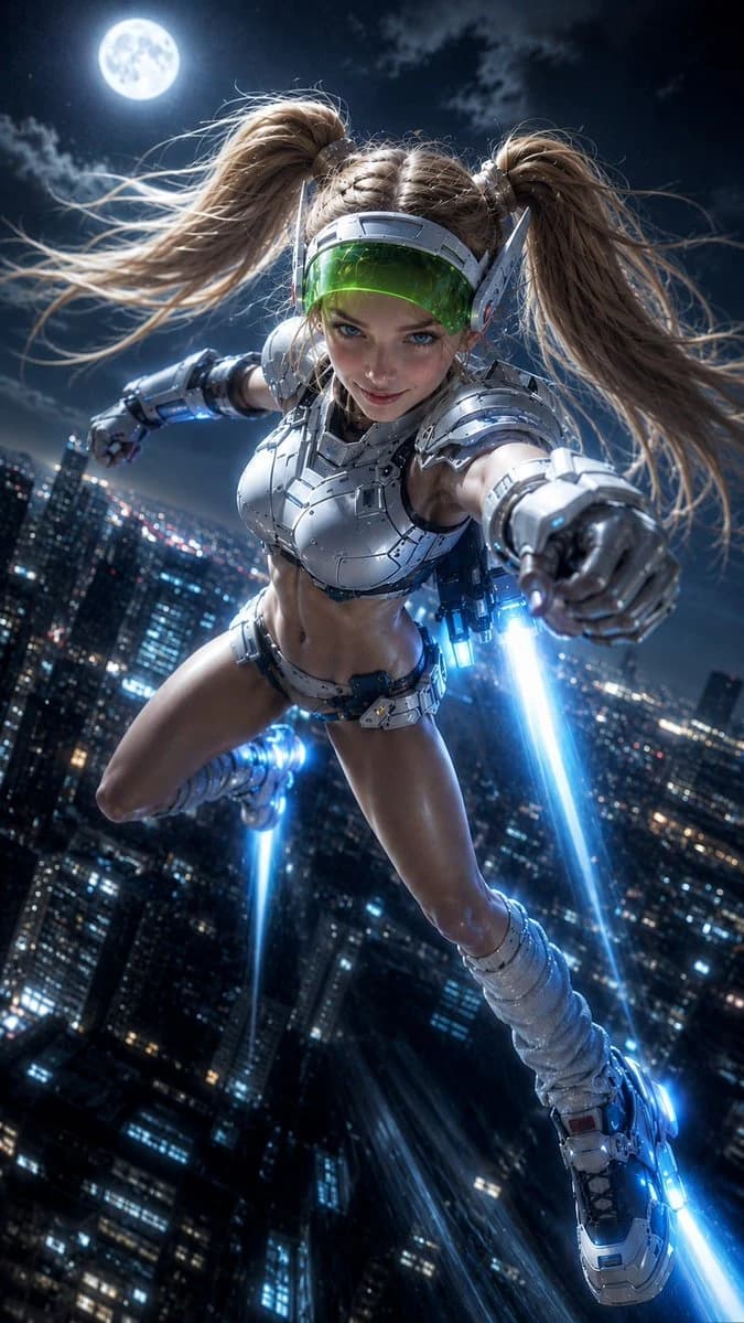 Moonlit Cyber Super Heroine Flight storyboard visual