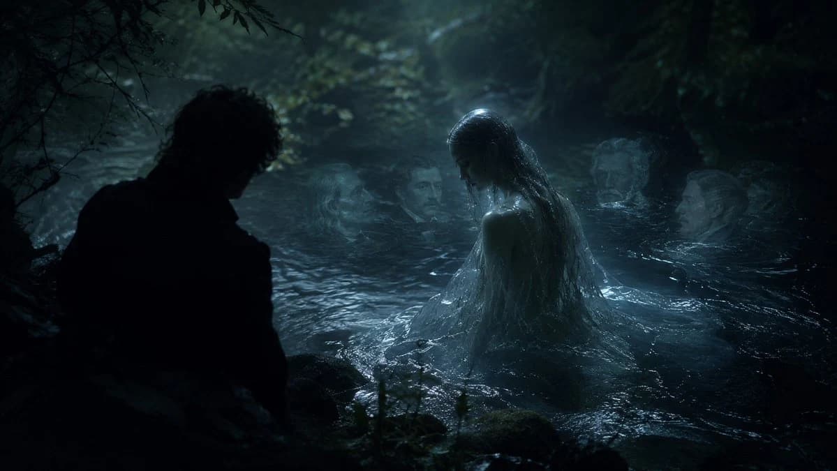 Moonlit fantasy forest scene with an undine by the lake, soft blue lighting, and storybook anime atmosphere