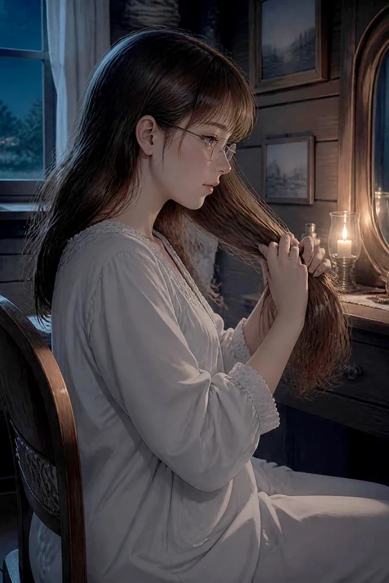 Moonlit Victorian night portrait of a woman at a dressing table, lit by warm candlelight and cool window light