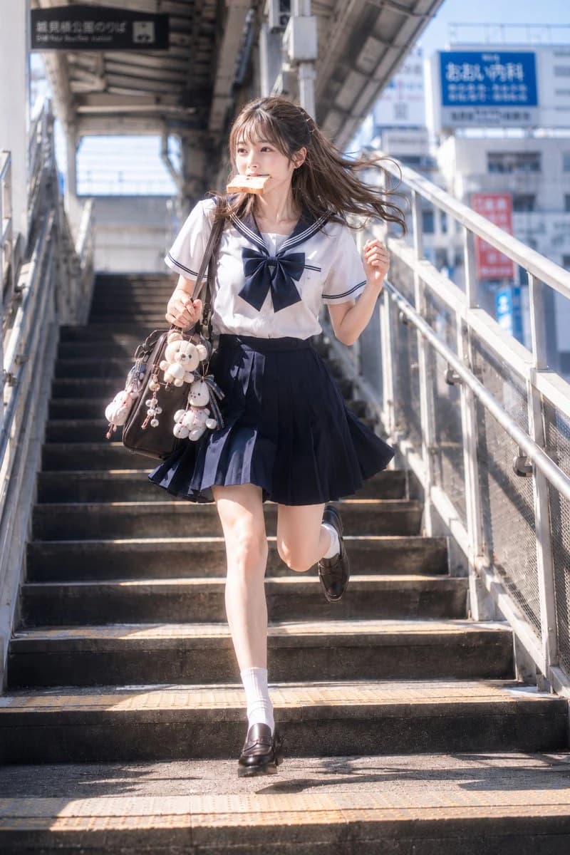 Morning snapshot of a schoolgirl running down outdoor stairs in a sailor-style uniform