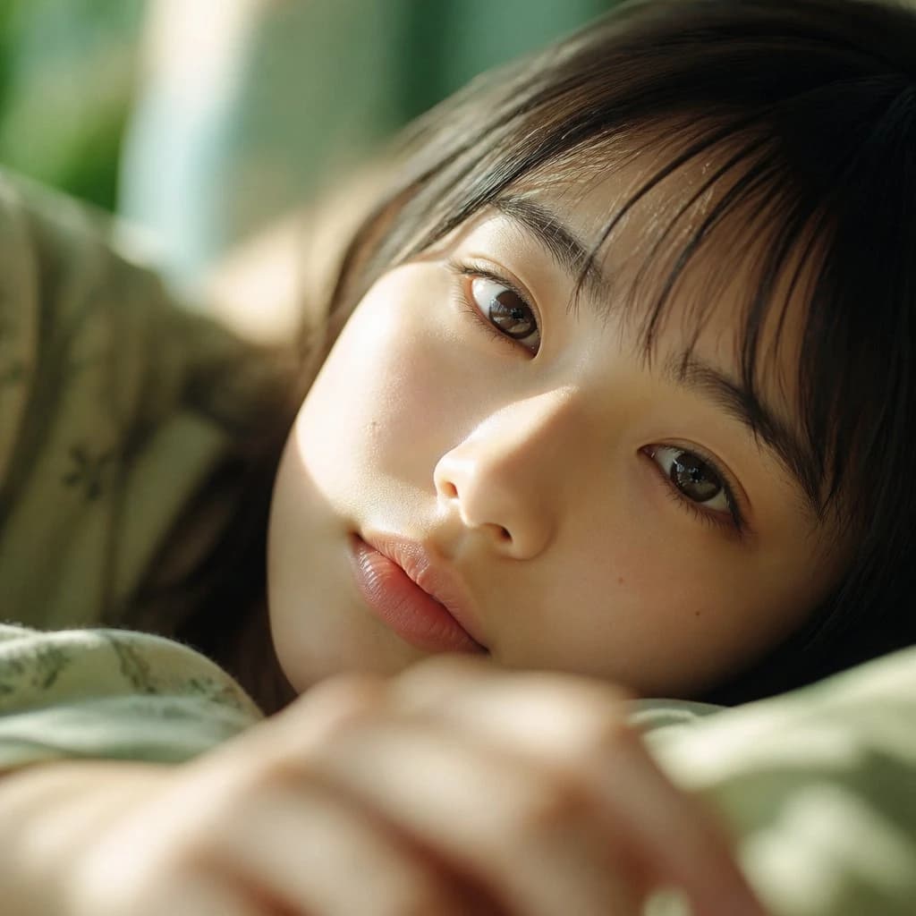 Morning sunlight bed portrait with soft close-up framing, natural skin texture, and intimate realistic bedroom light.