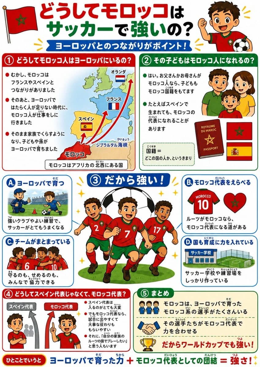 Children-friendly Morocco soccer strength infographic with bright school-handout colors and playful educational layout.