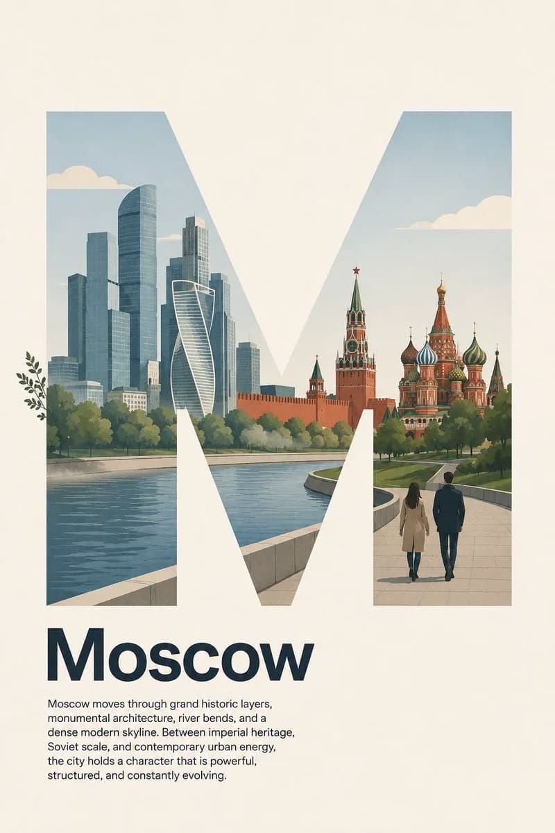 Swiss-style Moscow travel poster with a large letter M filled with city skyline, Kremlin landmarks, river and walking figures