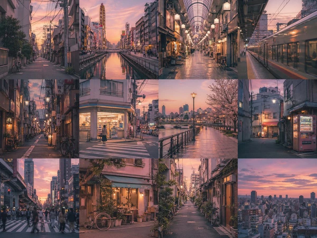 A grid of nostalgic urban scenes at dusk, featuring warm colors and consistent lighting across twelve independent panels