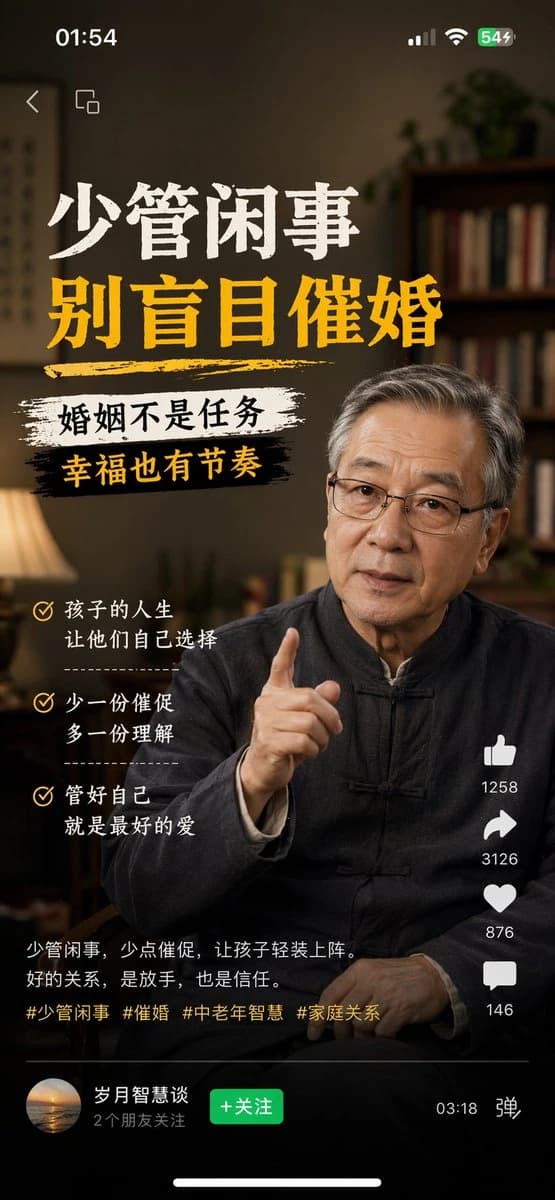 An elderly man in traditional attire gestures while discussing the importance of personal choice in marriage, with text overlay emphasizing key points