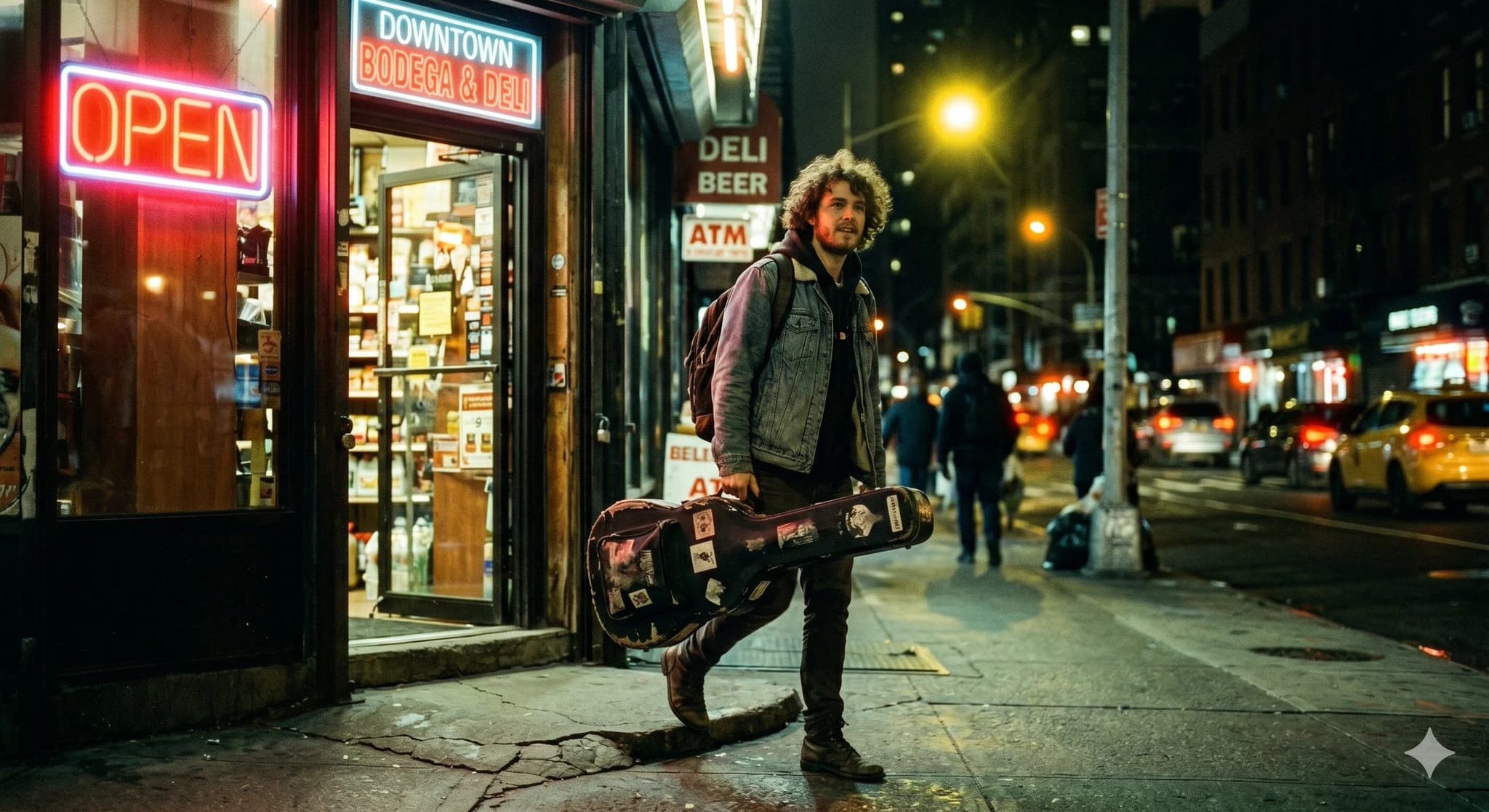 A young musician with curly hair carries a worn guitar while stepping out of a bodega, illuminated by neon and streetlamp lights at night