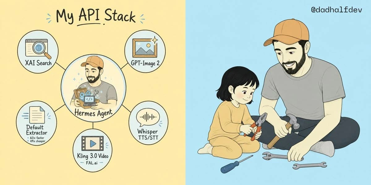 Two-panel API stack illustration pairing a hand-drawn technical diagram with a warm parent-child repair scene.