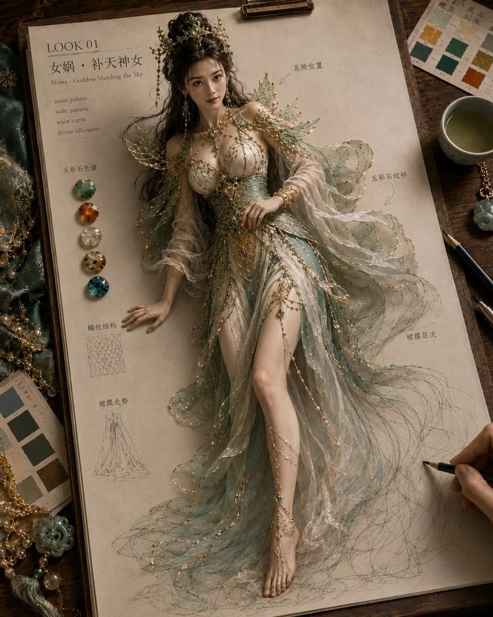 Oriental mythical haute couture sketch workspace with manuscript paper, fabric samples, and design tools