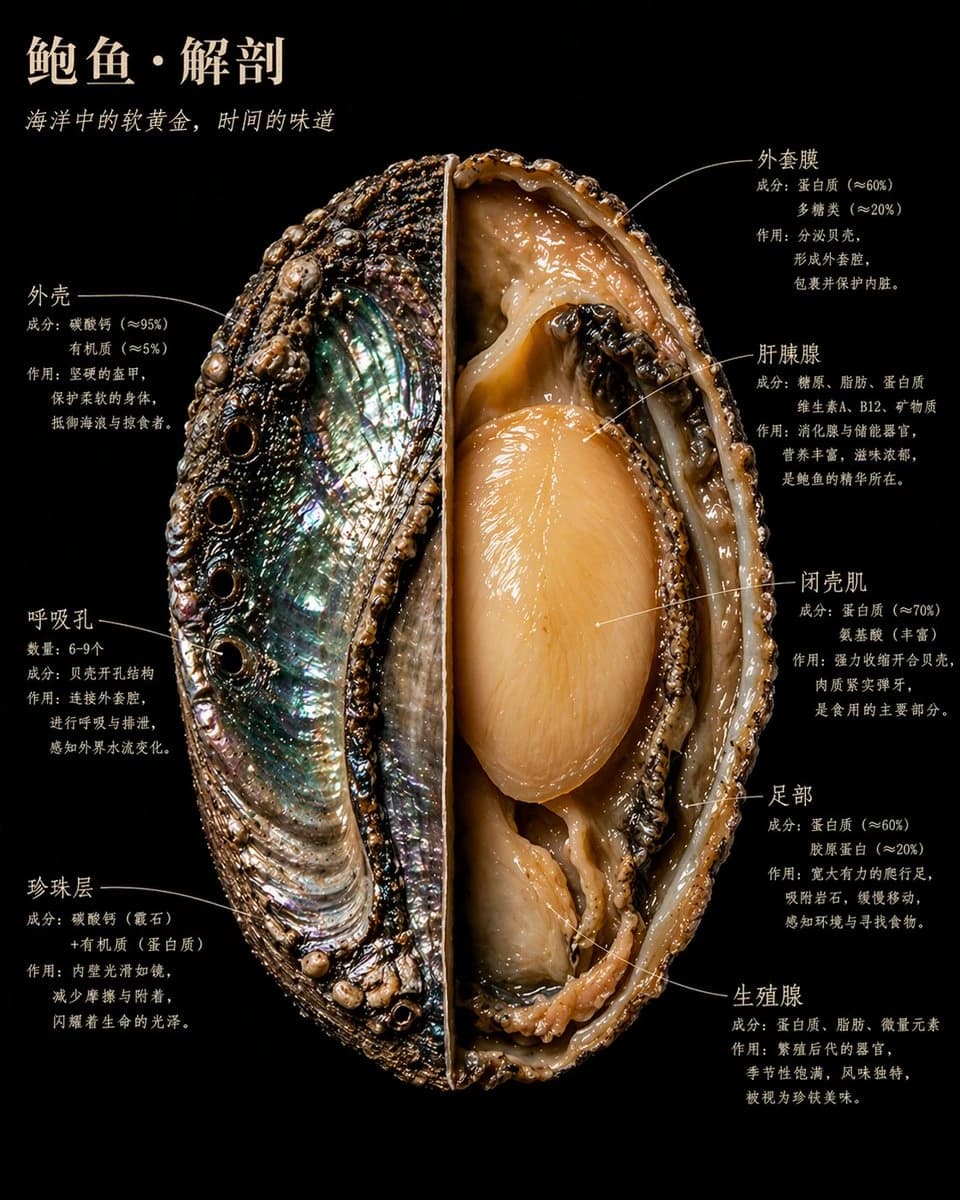 A cross-section of an abalone showcases its intricate internal structures against a black velvet background, illuminated dramatically