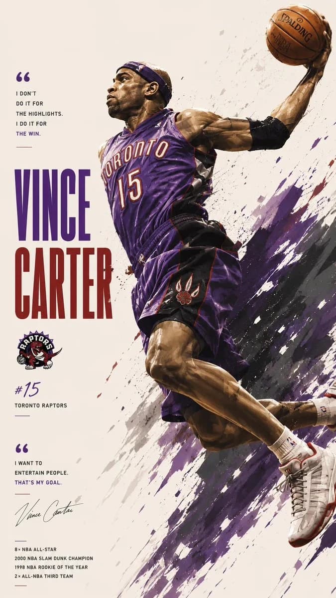 An NBA legend is captured mid-air in a dynamic dunk pose, surrounded by explosive paint splashes and bold typography featuring his name and stats