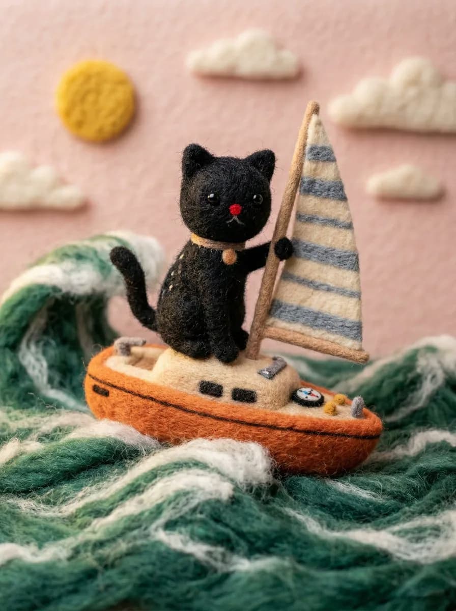 Needle-felted wool miniature character with fuzzy handmade texture, bead-like eyes and soft craft studio lighting