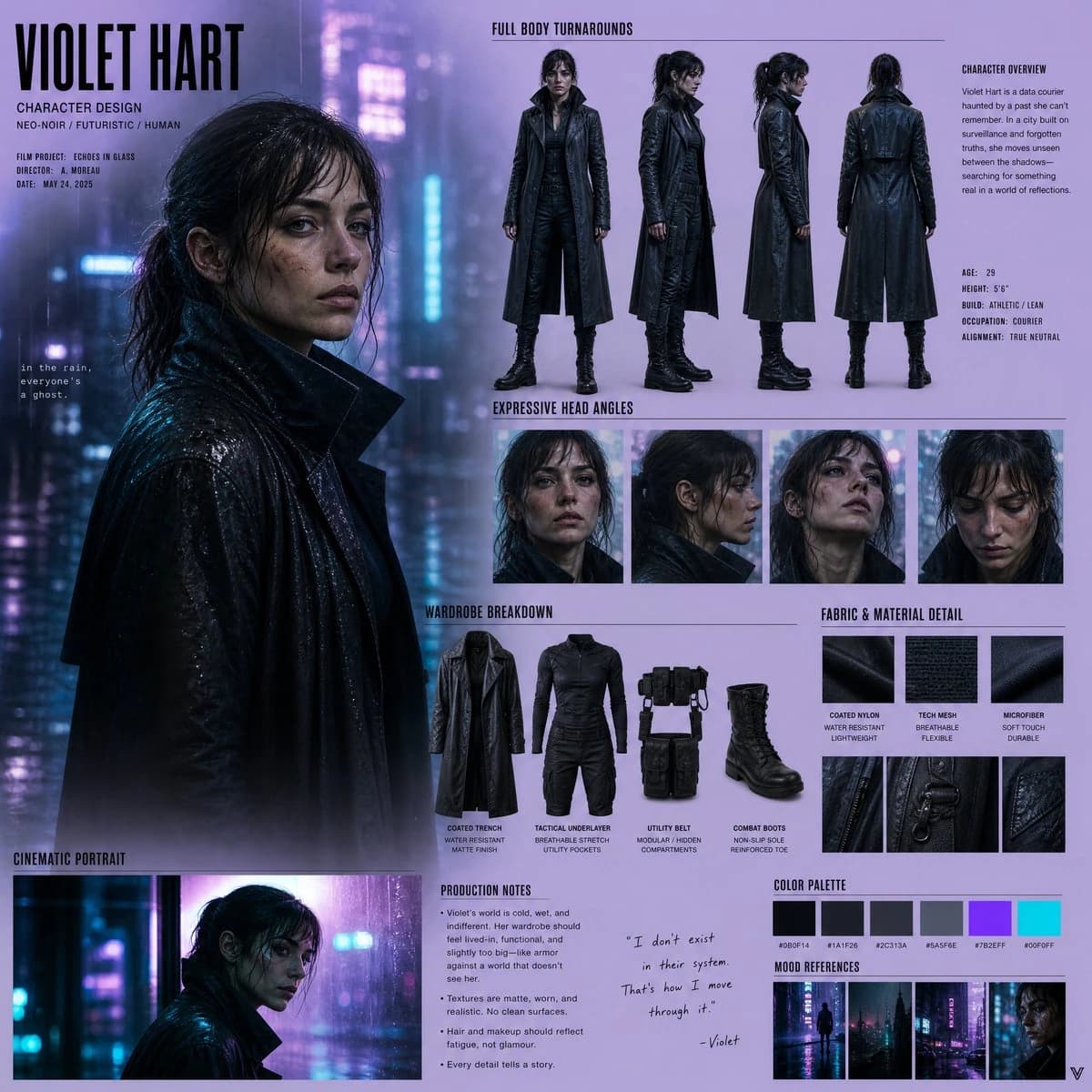 Violet Hart's character design board features a grounded, human figure in a dark, rain-soaked futuristic city, showcasing detailed wardrobe and expressive angles