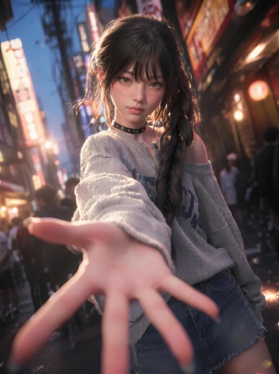 A cinematic anime-style city alley portrait with a reaching hand, neon signs, crowd depth, and dramatic first-person framing