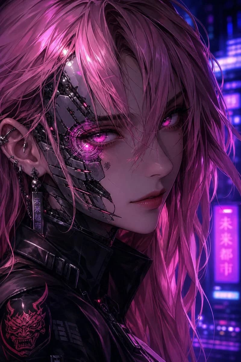 Neon cyberpunk anime close-up of a pink-haired cyborg woman in a rainy night city