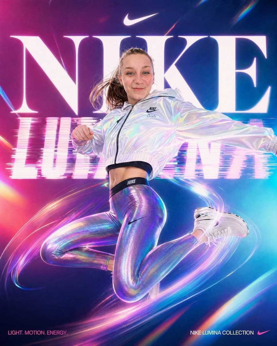 A young woman in a dynamic jump wears an iridescent windbreaker and metallic leggings, set against a vibrant neon background with bold "NIKE LUMINA" text
