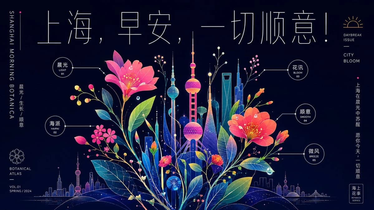 Neon Shanghai botanical morning poster with glowing flowers, skyline icons and Chinese headline text