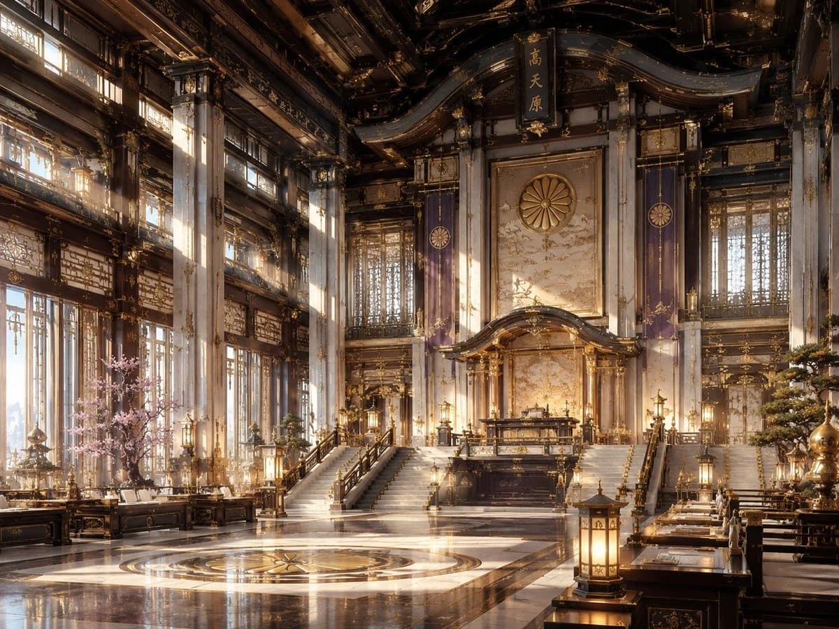 NeoNippon Imperial Throne Hall with scroll-ready composition, strong focal subject, and polished social post styling