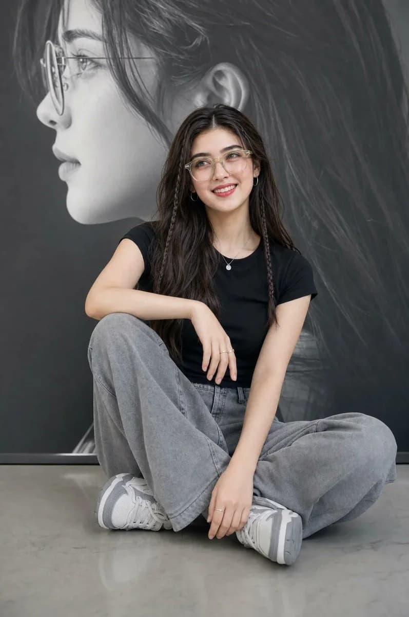 A young woman sits casually on a grey studio floor, wearing a black t-shirt, wide-leg grey jeans, and chunky sneakers, smiling at the camera.